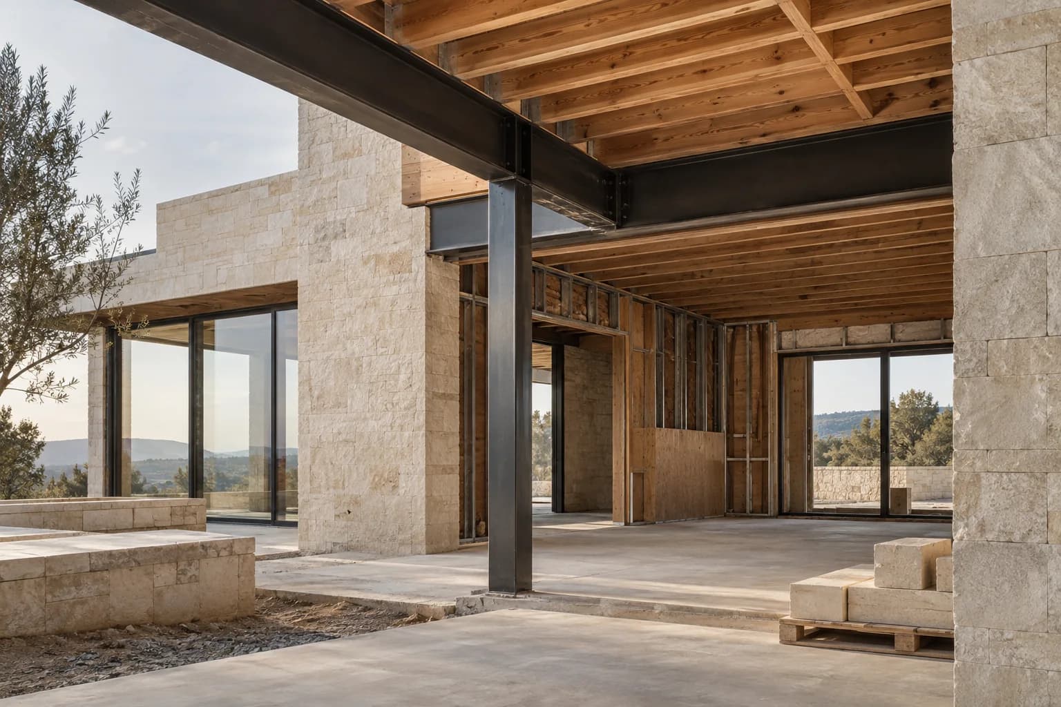 Illustrative residence under construction, with limestone walls, exposed steel connections, and timber roof framing