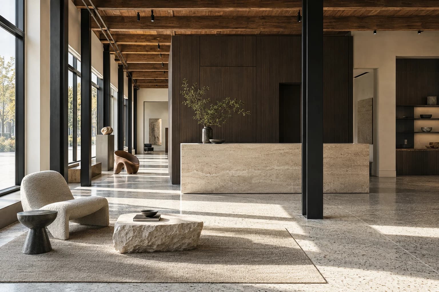 Illustrative commercial showroom with slender steel columns, limestone reception, and timber ceiling