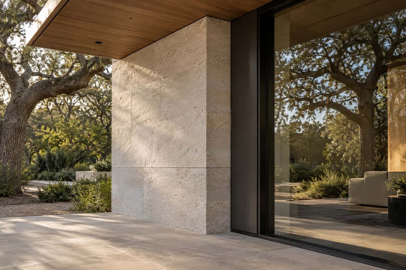 Illustrative built detail where limestone, timber soffit, and bronze-framed glazing meet