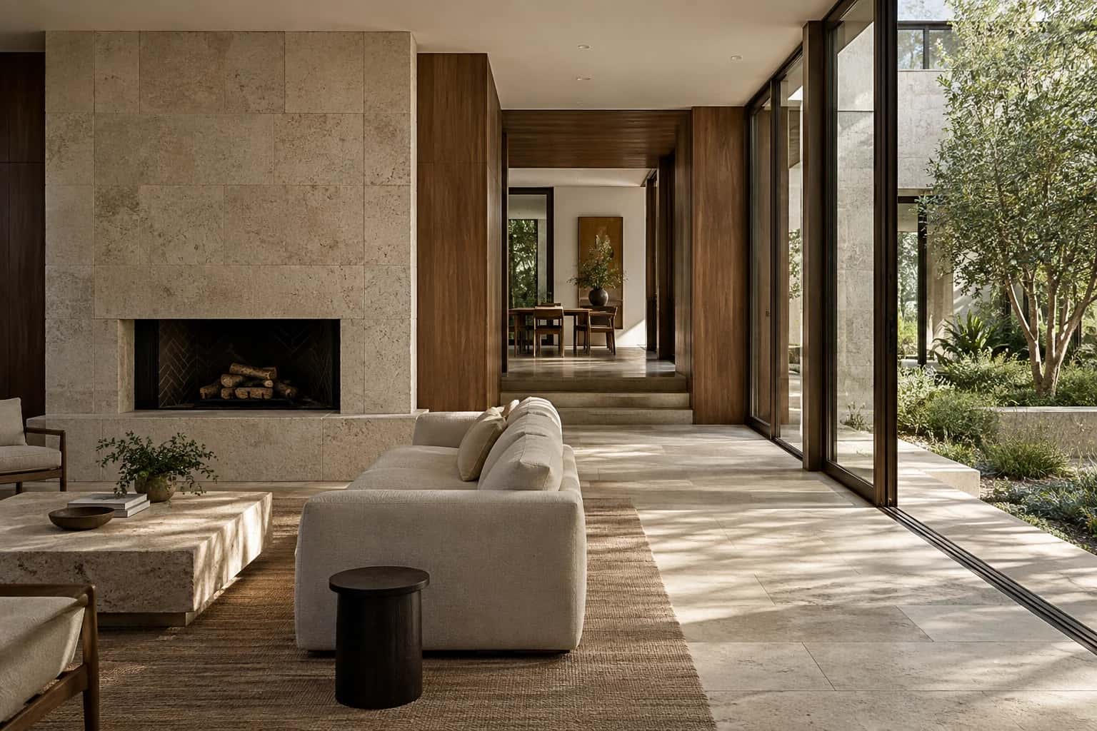 Illustrative living space with a limestone fireplace, timber joinery, and a glazed courtyard connection