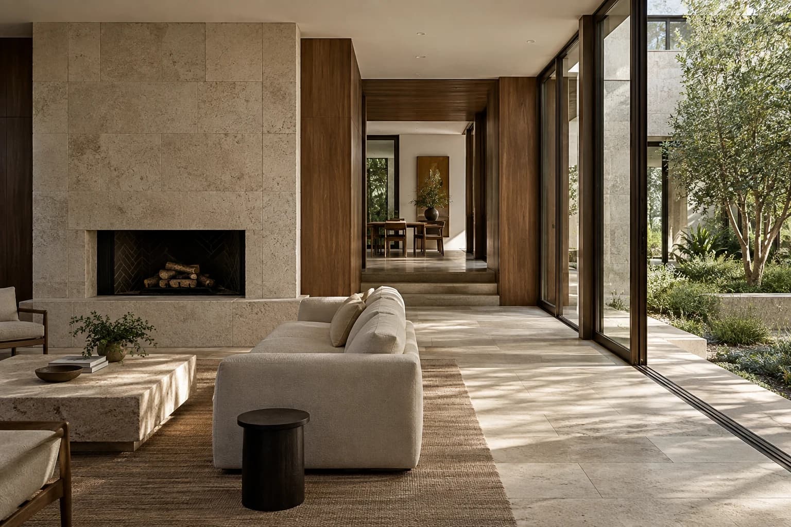Illustrative living space with a limestone fireplace, timber joinery, and a glazed courtyard connection
