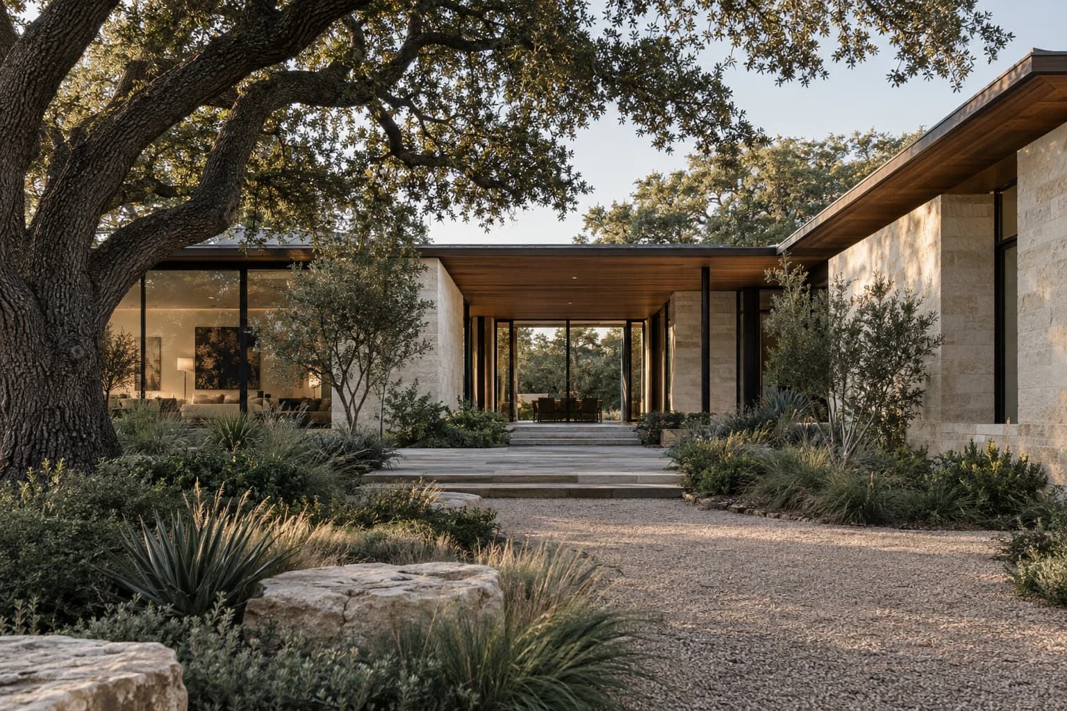 Illustrative limestone courtyard residence beneath mature live oaks
