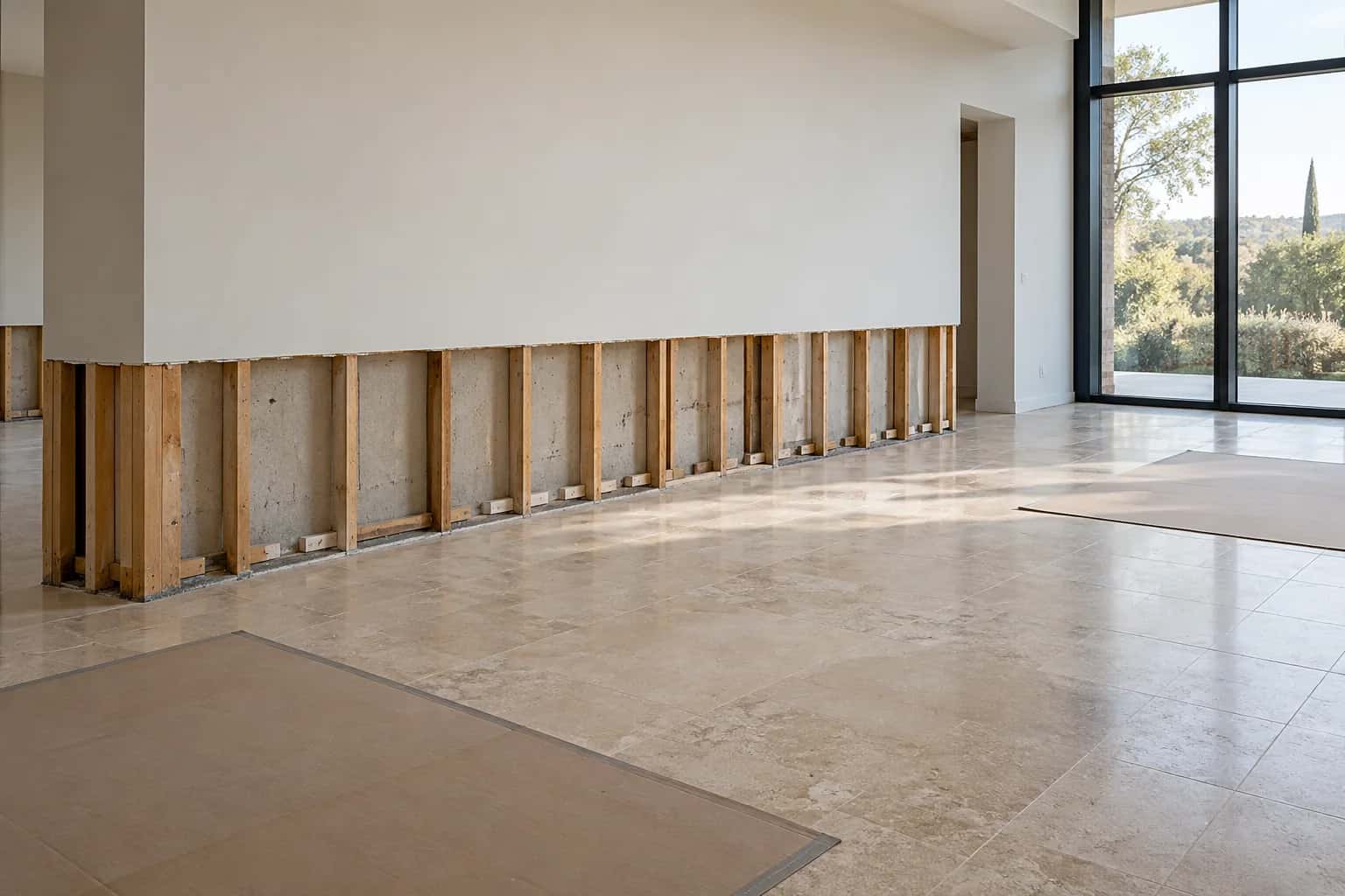 Illustrative interior during property restoration, with lower wall finishes removed to expose framing beside large windows