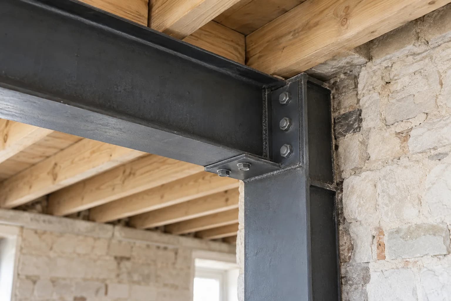 Illustrative close view of a steel beam and column connection beside timber framing and existing masonry