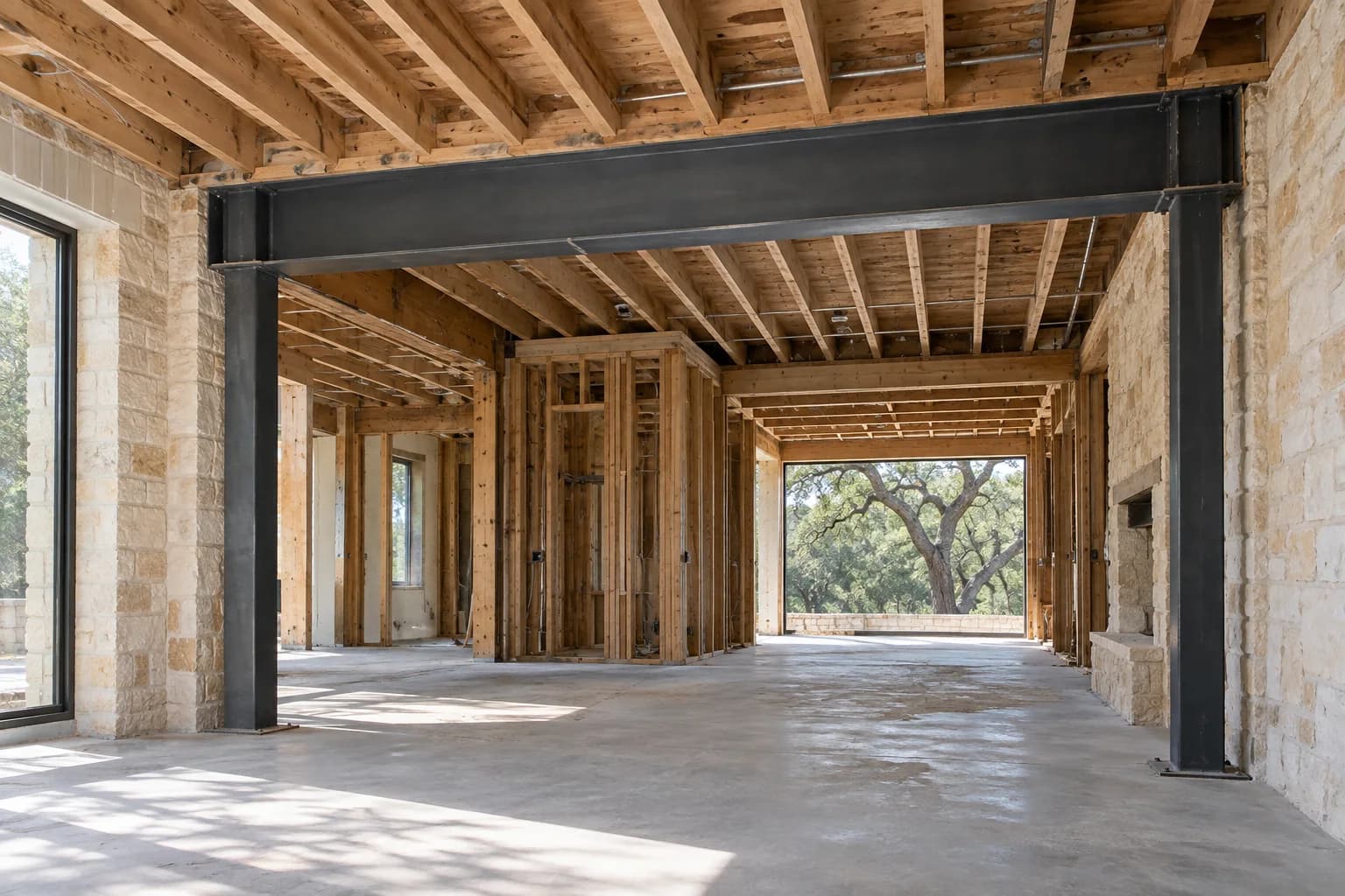 Illustrative structural reconstruction with a steel-framed opening, exposed timber joists, and existing pale masonry walls